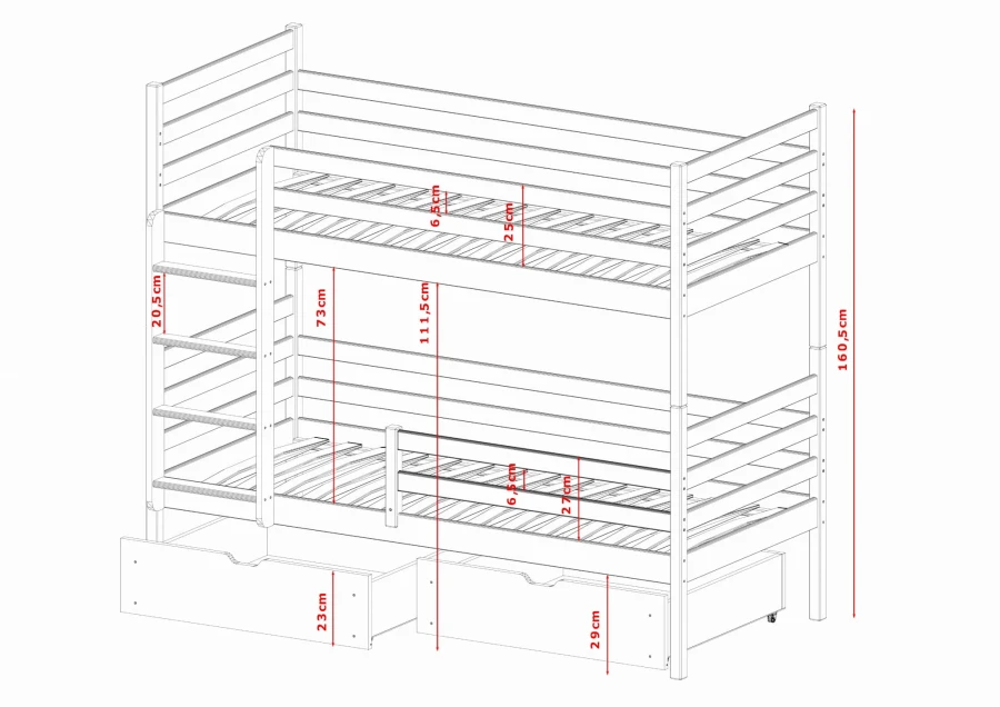 Dimensional drawing for wooden bunk bed with two drawers and ladder - detailed view of the dimensions.