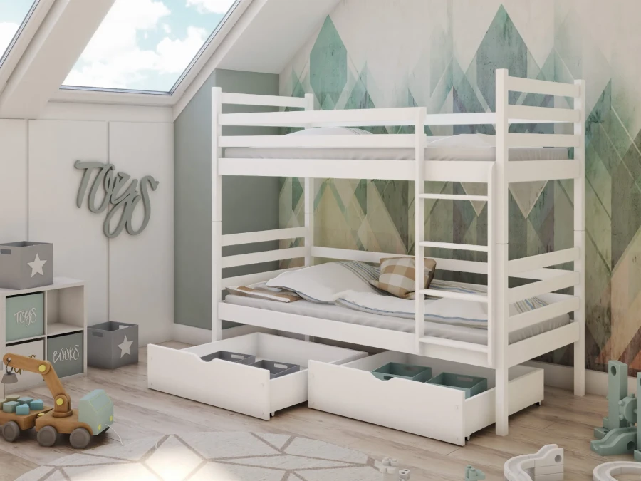 Wit stapelbed in de kinderkamer met opbergladen en moderne bergwandschildering.