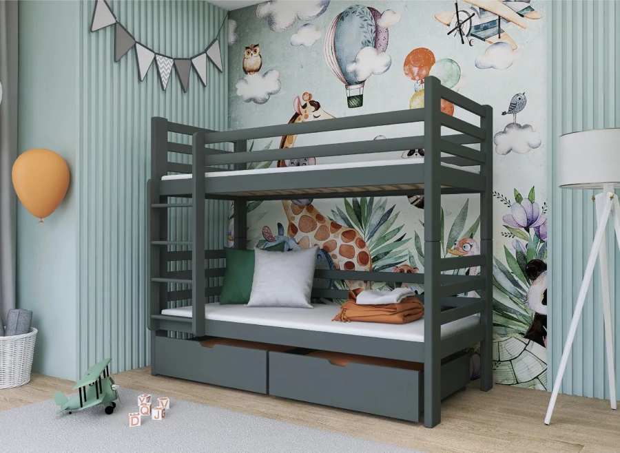 Graues Etagenbett im Kinderzimmer mit Tiermotiv-Tapete und zwei Bettkästen.