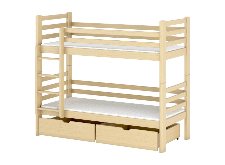 Stapelbed van natuurlijk grenenhout met twee laden op een witte achtergrond.