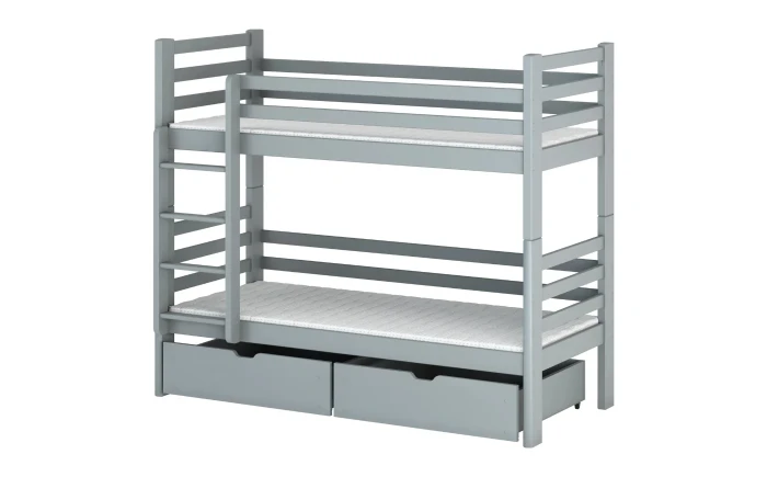 Modernes graues Etagenbett aus Massivholz inklusive Leiter und Stauraumschubladen.