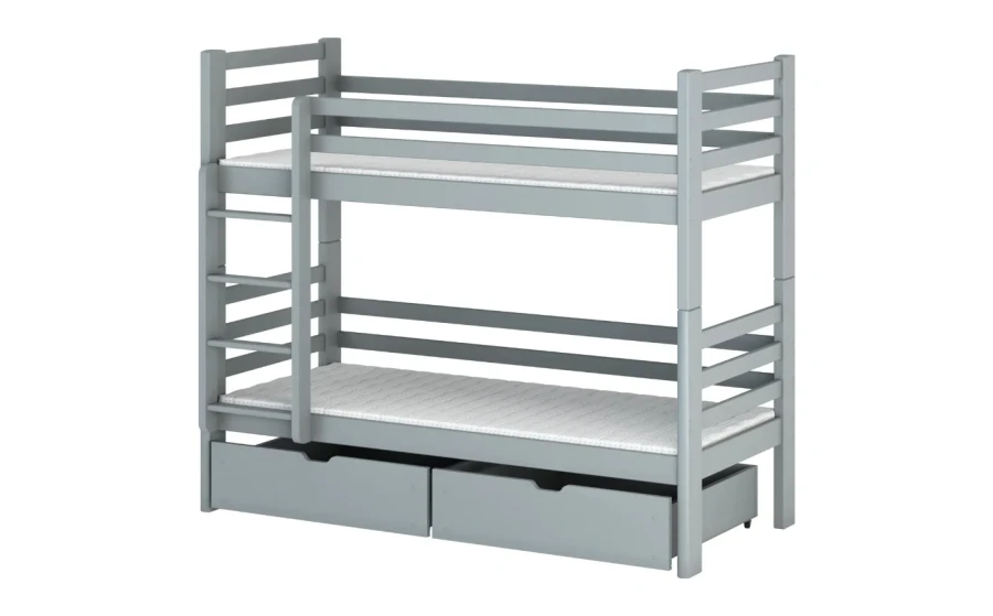 Modern grijs stapelbed van massief hout inclusief ladder en opberglades.