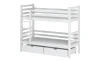 White bunk bed made of solid wood with two drawers on a white background.