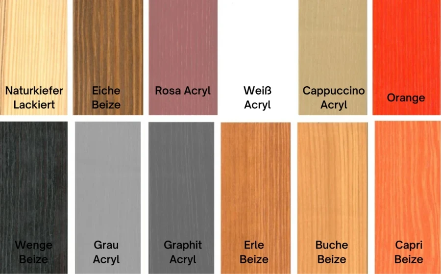 Farbmuster für Holzmöbel: Auswahl an Lackierungen und Beizen wie Kiefer, Eiche, Grau, Rosa und Orange.