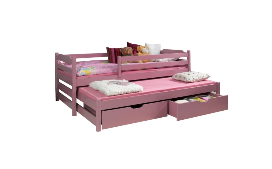 Rosa Kinderbett aus Massivholz mit Ausziehfunktion und zwei praktischen Schubladen.