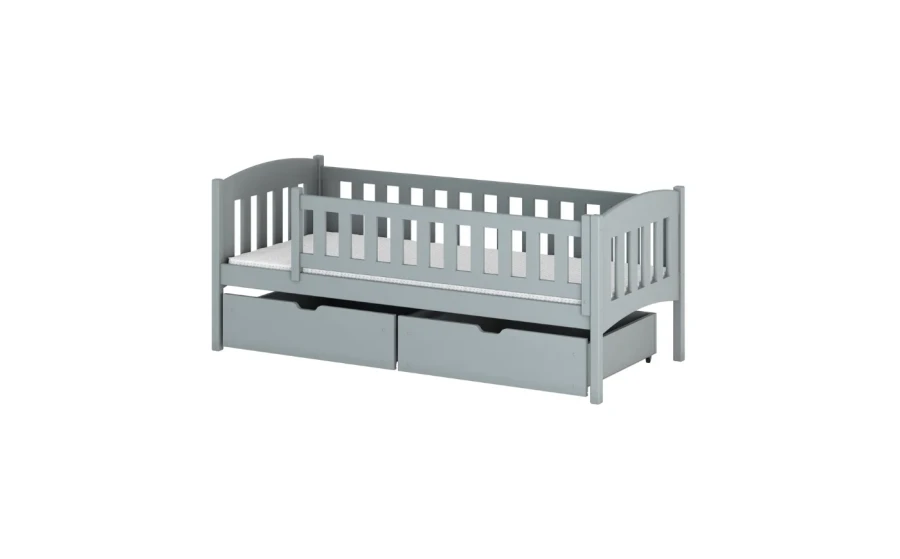 Grey single bed for children with stable bars and pull-out under-bed drawers.