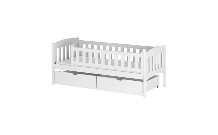 Weißes Kinderbett mit Rausfallschutz und zwei geräumigen Schubladen.