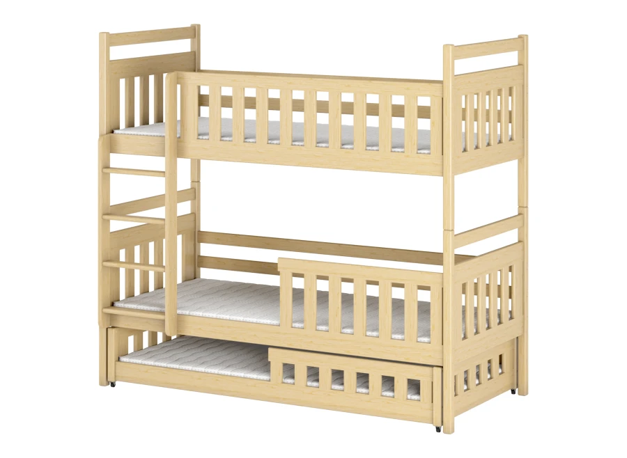 Stapelbed van licht hout met drie slaapplaatsen en ladder.