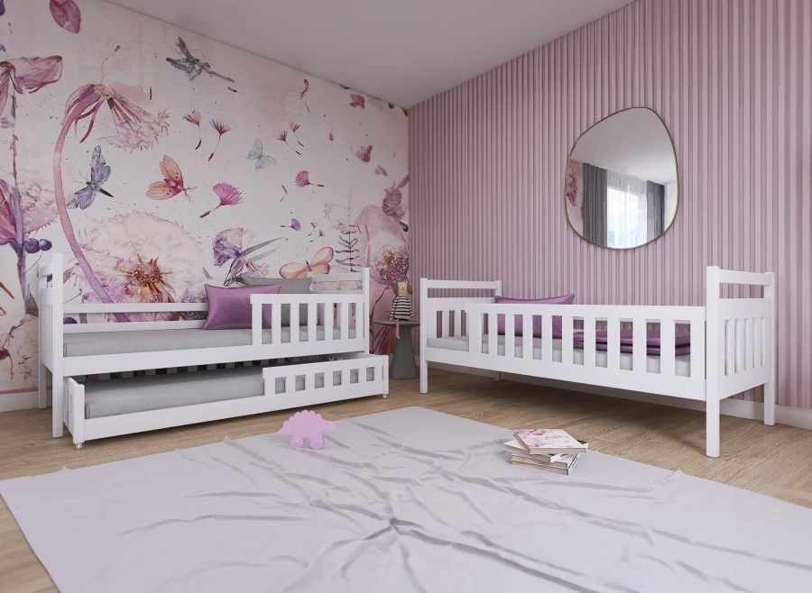 Twee witte kinderbedden in een lichte kamer met roze accenten.
