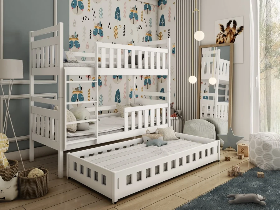 White bunk bed with pull-out guest bed for three people in a modern children's room.
