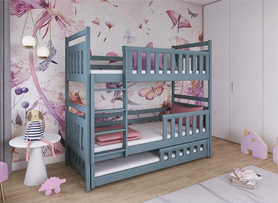 Aschgraues Kinder-Etagenbett mit Schublade und dritter Schlafgelegenheit.
