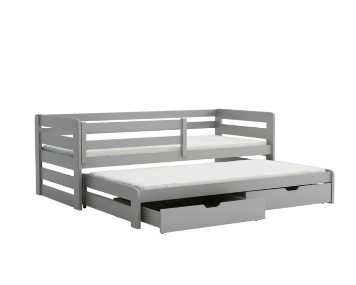 Grijs kinderbed met uitschuifbed en laden, ruimtebesparend functioneel bed voor twee kinderen.