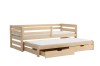 Kiefernholz Kinderbett mit Ausziehfunktion und Schubladen, Massivholzbett in Natur.