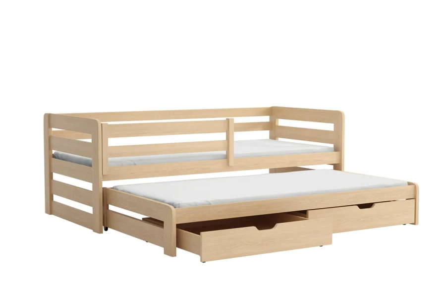 Grenenhouten kinderbed met uitschuiffunctie en laden, massief houten bed in natuurlijke kleur.