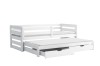 White functional bed made of wood with second sleeping surface for pulling out and two drawers.