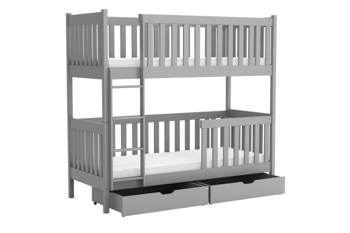 Modernes graues Stockbett aus Massivholz mit Leiter und zwei Schubfächern unten.
