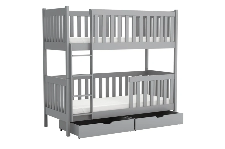 Modernes graues Stockbett aus Massivholz mit Leiter und zwei Schubfächern unten.