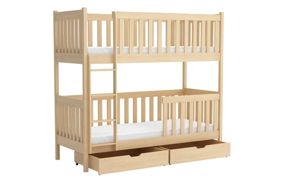 Bunk bed made of light natural wood with ladder and two practical bed drawers.