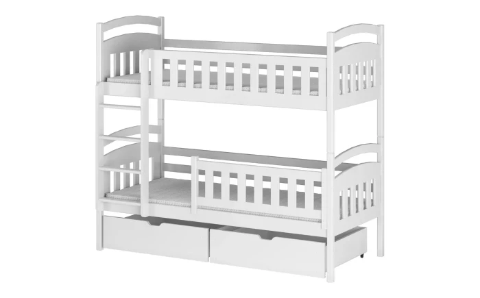 Freigestelltes weißes Etagenbett aus Massivholz mit Rausfallschutz.