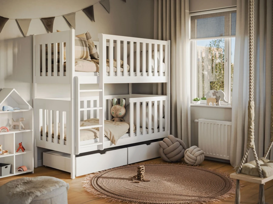 Modernes weißes Kinder-Etagenbett mit Stauraum-Schubladen und rundem Jute-Teppich.