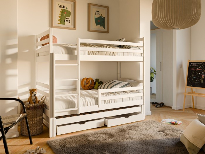 Platzsparendes Etagenbett für drei Kinder aus weißem Holz mit zusätzlichem Ausziehbett.