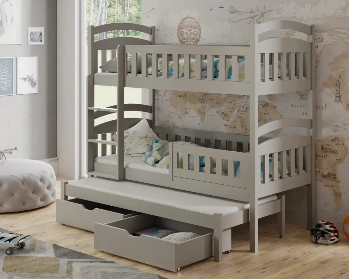 Graues Etagenbett aus Holz mit Ausziehbett und Schubladen für das Kinderzimmer.