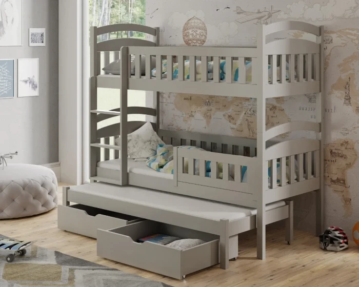 Grijs houten stapelbed met uitschuifbed en laden voor de kinderkamer.