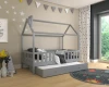 Modernes graues Hausbett mit Rausfallschutz und Ausziehfunktion in einem Kinderzimmer mit Sternen.