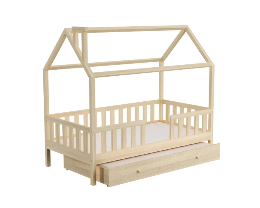Hausbett für Kinder aus Kiefer Natur mit Rausfallschutz und ausziehbarer Bettschublade.
