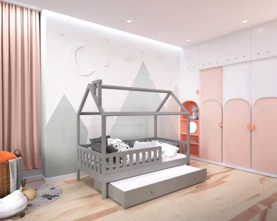 Graues Hausbett für Kinder mit zweiter Liegefläche vor moderner Berg-Wandgestaltung.