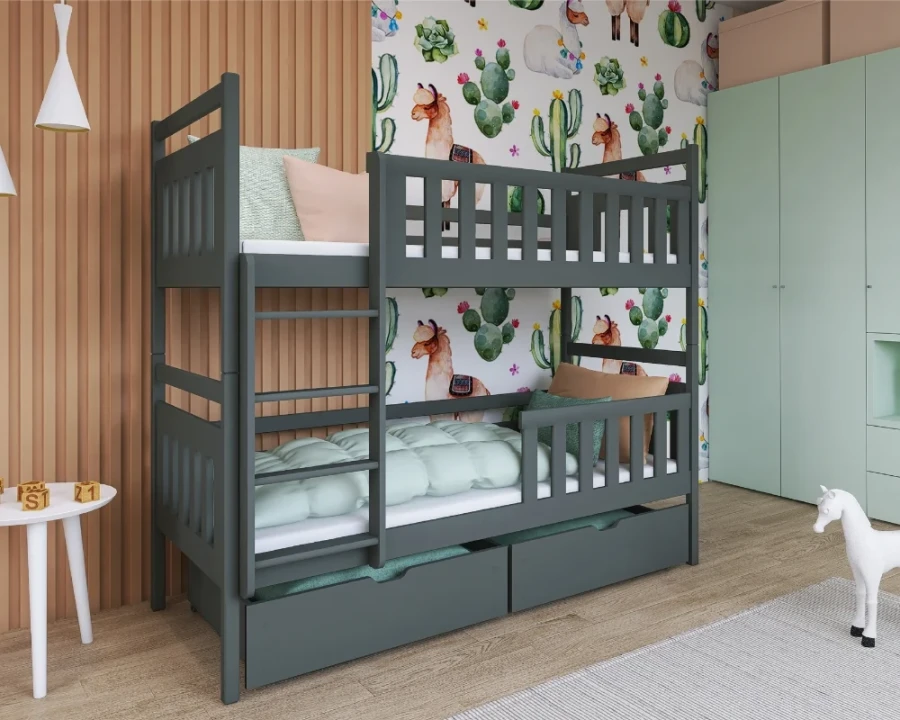 Modern stapelbed in antraciet in een stijlvol gedecoreerde kinderkamer.