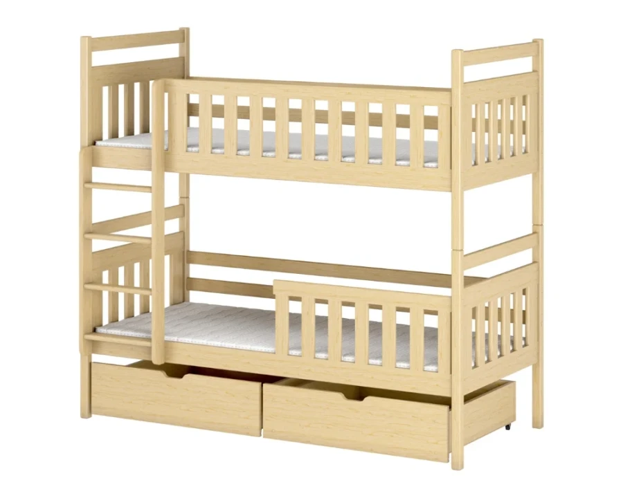 Stockbett aus Kiefernholz Natur mit zwei Schubladen und Leiter für Kinderzimmer.