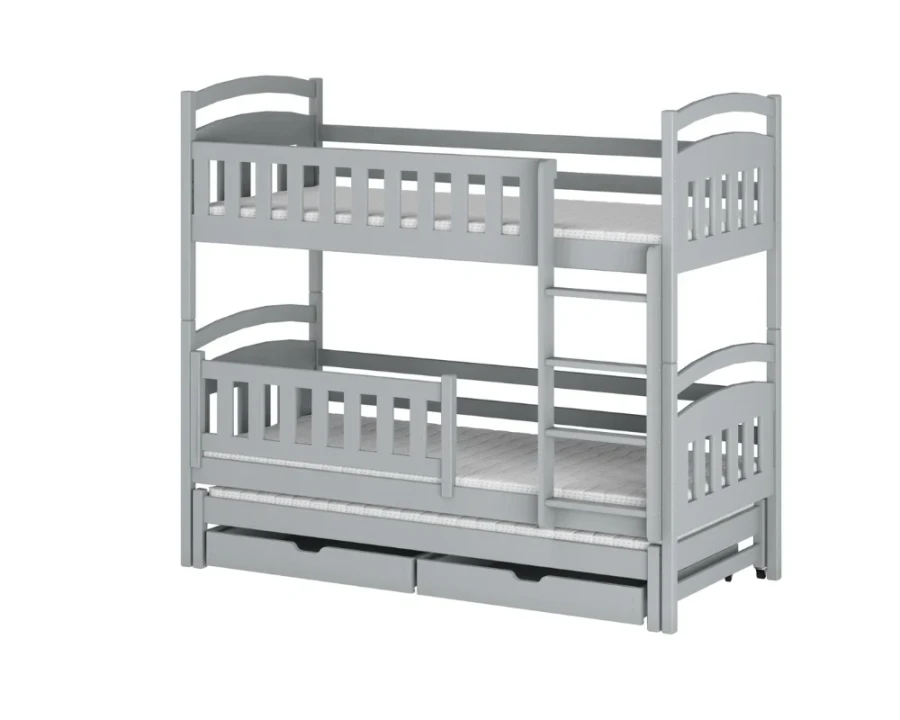 Graues Etagenbett für drei Personen mit zusätzlichem Ausziehbett und zwei geräumigen Bettschubladen.