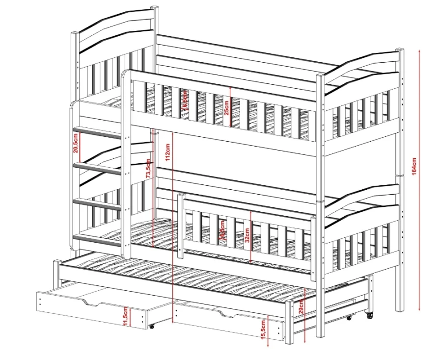 Technical sketch with dimensions for the pine wood bunk bed with pull-out function.