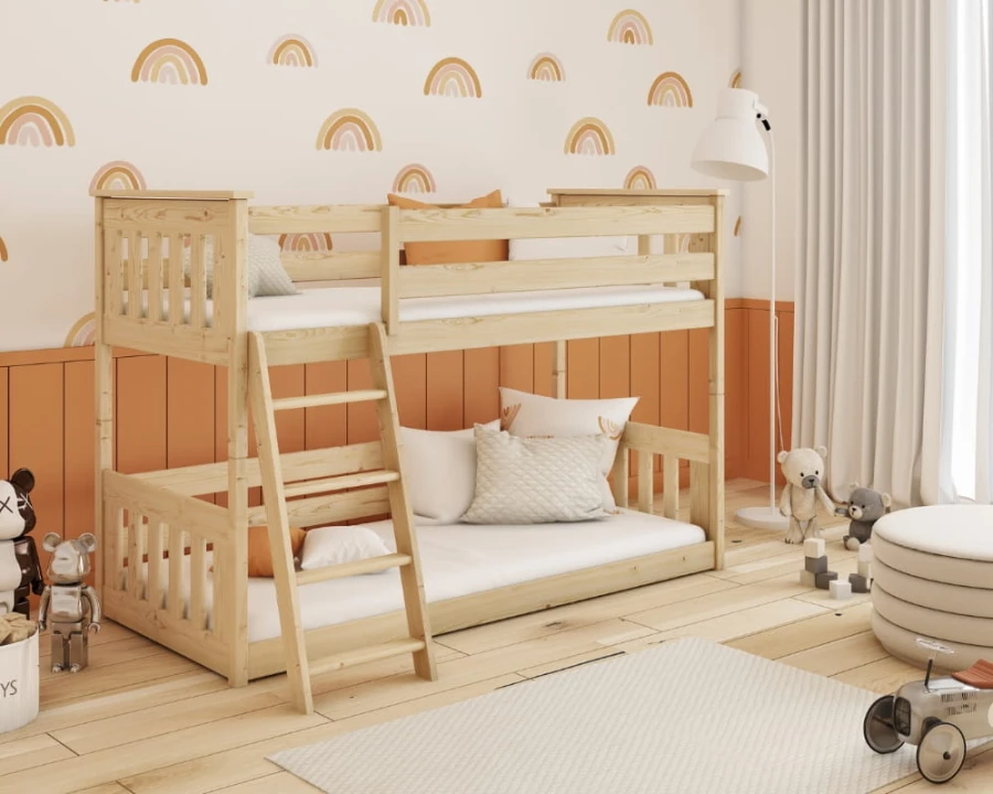 Solid wood bunk bed in natural pine for children's rooms with rainbow decor.