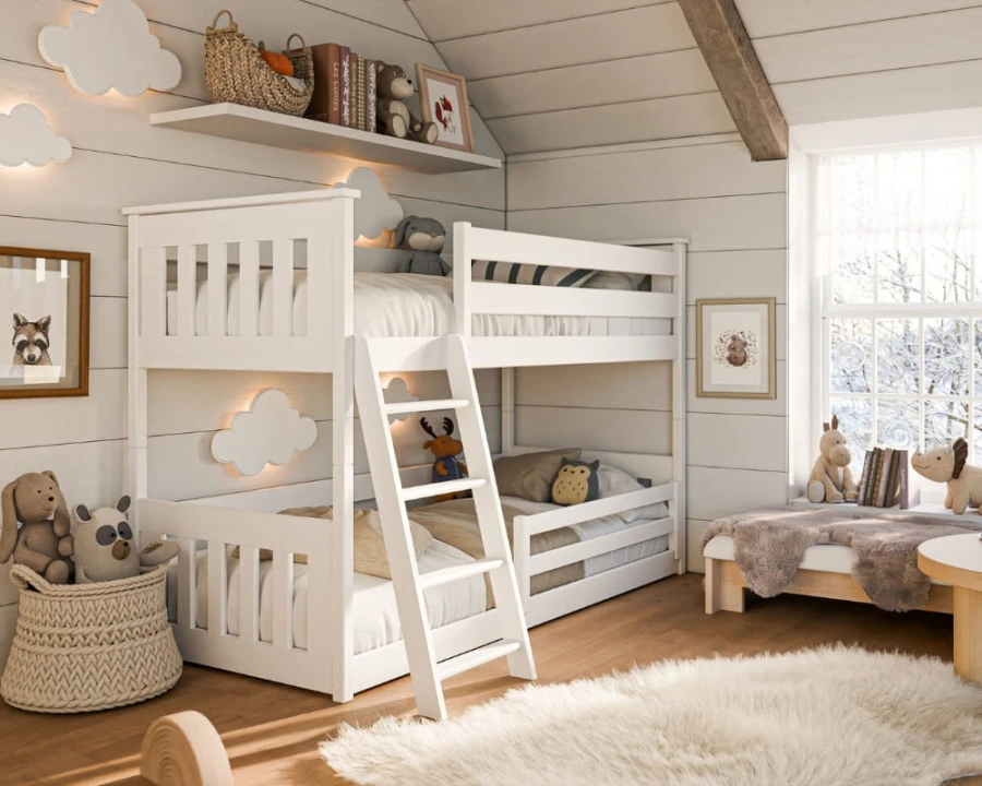 Modern corner bunk bed in white, space-saving sleeping solution for two children.