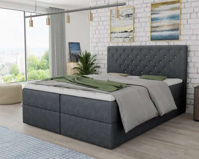Anthrazitfarbenes Boxspringbett mit gepolstertem Kopfteil und Kristallknöpfen