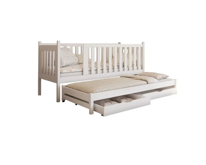 Weißes Kinderbett aus Holz mit Ausziehbett und praktischen Bettschubladen.