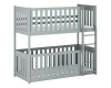 Light grey wooden bunk bed with high safety rail for children, isolated on white.