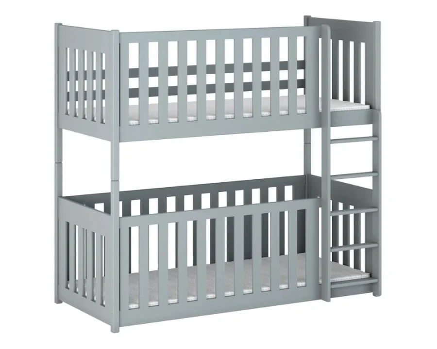 Light grey wooden bunk bed with high safety rail for children, isolated on white.
