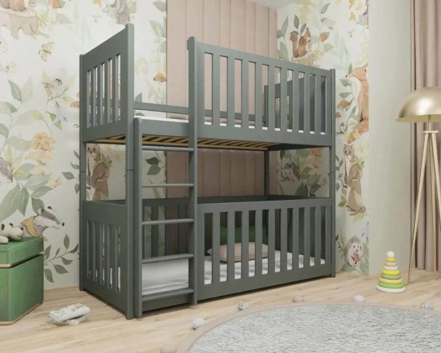 Dunkelgraues Kinder-Etagenbett in einem Kinderzimmer mit Waldtiere-Wandtapete.
