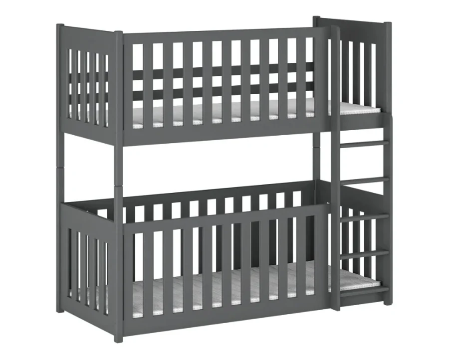 Dunkelgraues Etagenbett aus Massivholz mit Sicherheitsreling und Leiter, freigestellt.