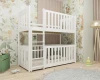 Modern children's room with white bunk bed in front of animal motif wallpaper.