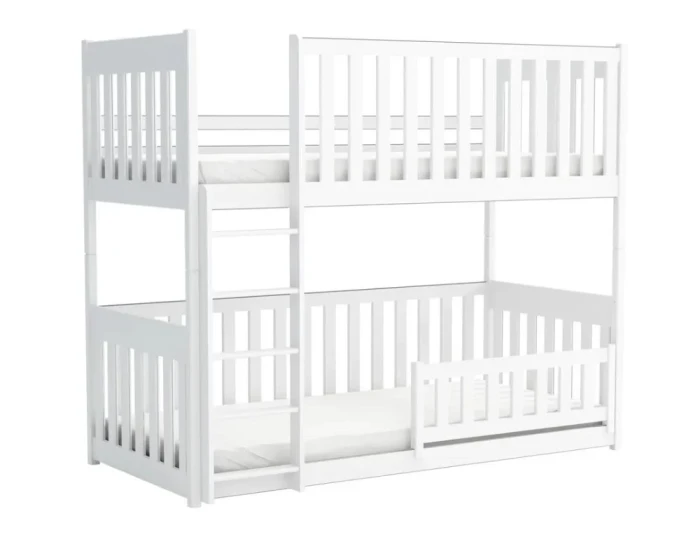 Weißes Etagenbett aus Massivholz mit Leiter und Rausfallschutz für das Kinderzimmer.