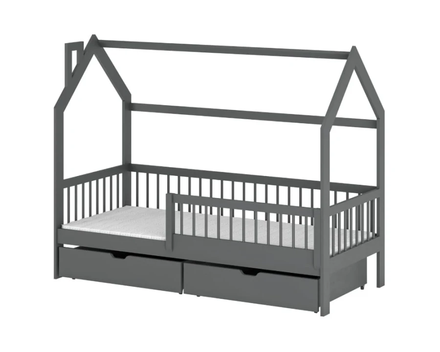 Dunkelgraues Kinder-Hausbett mit integriertem Rausfallschutz und zwei großen Bettschubladen.