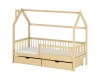 Hausbett für Kinder aus Kiefernholz mit zwei Schubladen und Rausfallschutz.