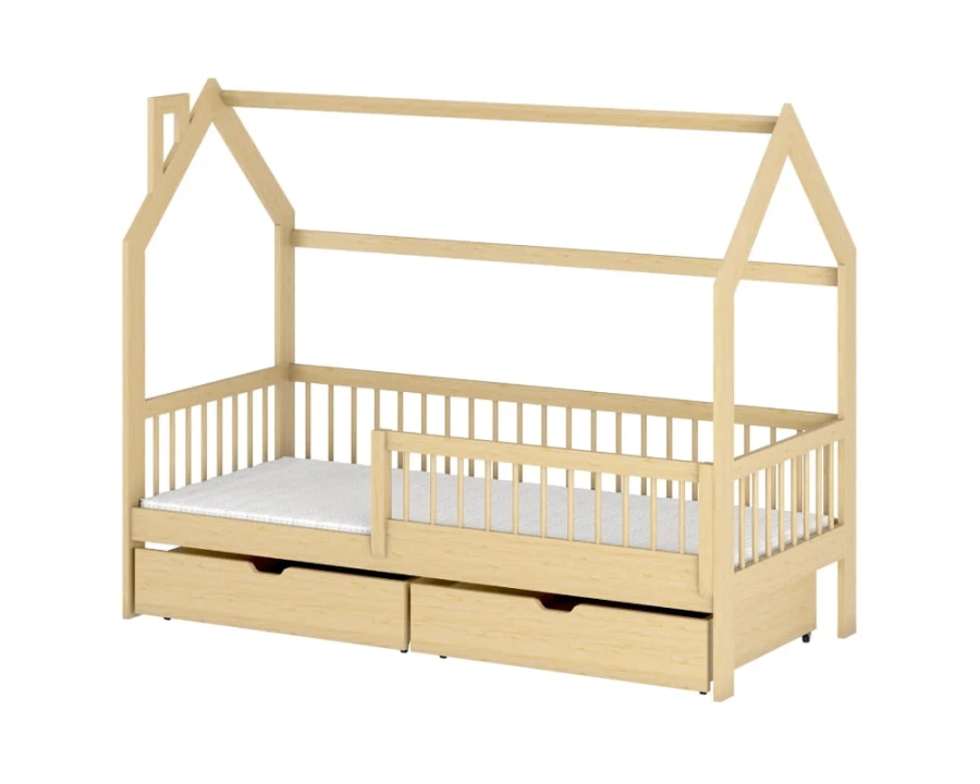 Hausbett für Kinder aus Kiefernholz mit zwei Schubladen und Rausfallschutz.