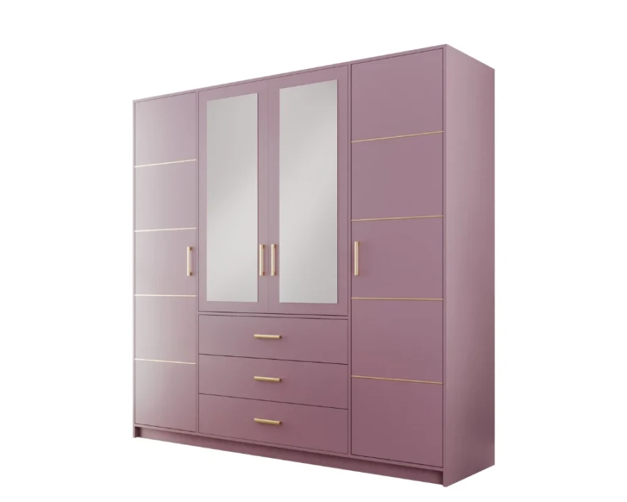 Stilvoller Kleiderschrank in Altrosa mit Spiegeltüren und Goldakzenten.