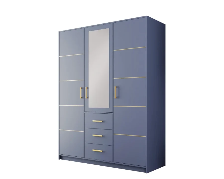 Dreitüriger Kleiderschrank in Dunkelblau mit integriertem Spiegel und eleganten goldenen Griffen.