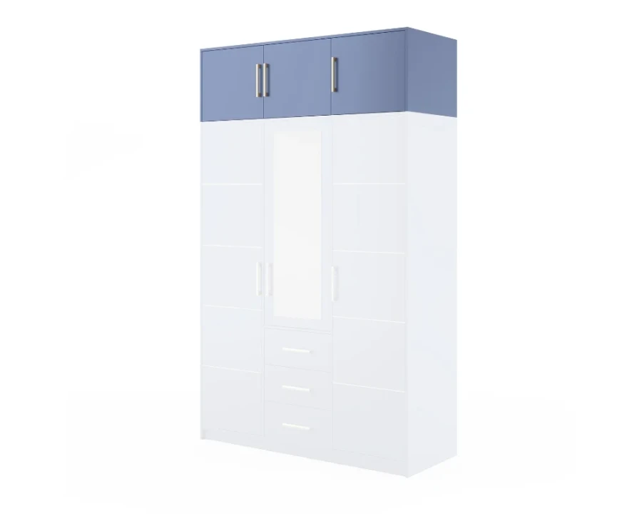 Großer weißer Kleiderschrank mit blauem Aufsatzschrank für zusätzlichen Stauraum und Mittellspiegel.